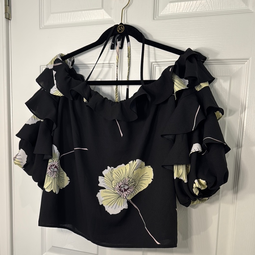 1. State  Floral Ruffle Off-Shoulder Top - SIZE M-Black and Cream
